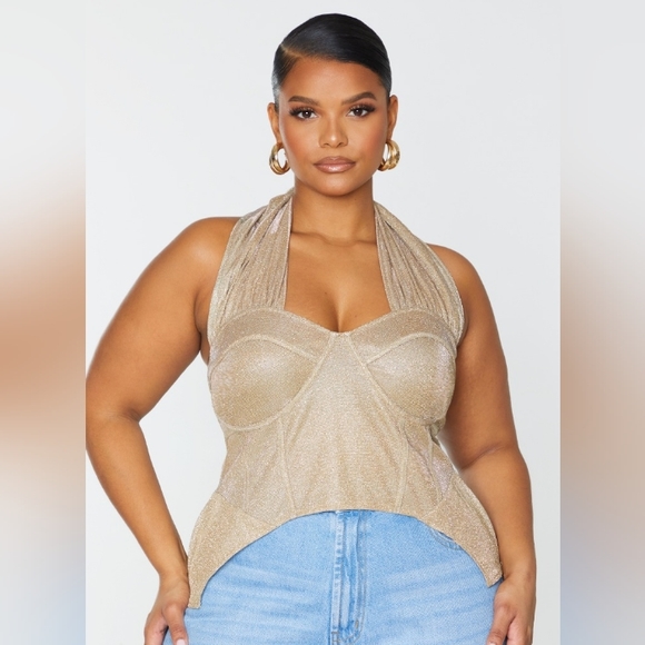 PrettyLittleThing Gold Glitter Halter Neck Corset Top | Size US 26 | NWT - Picture 3 of 3
